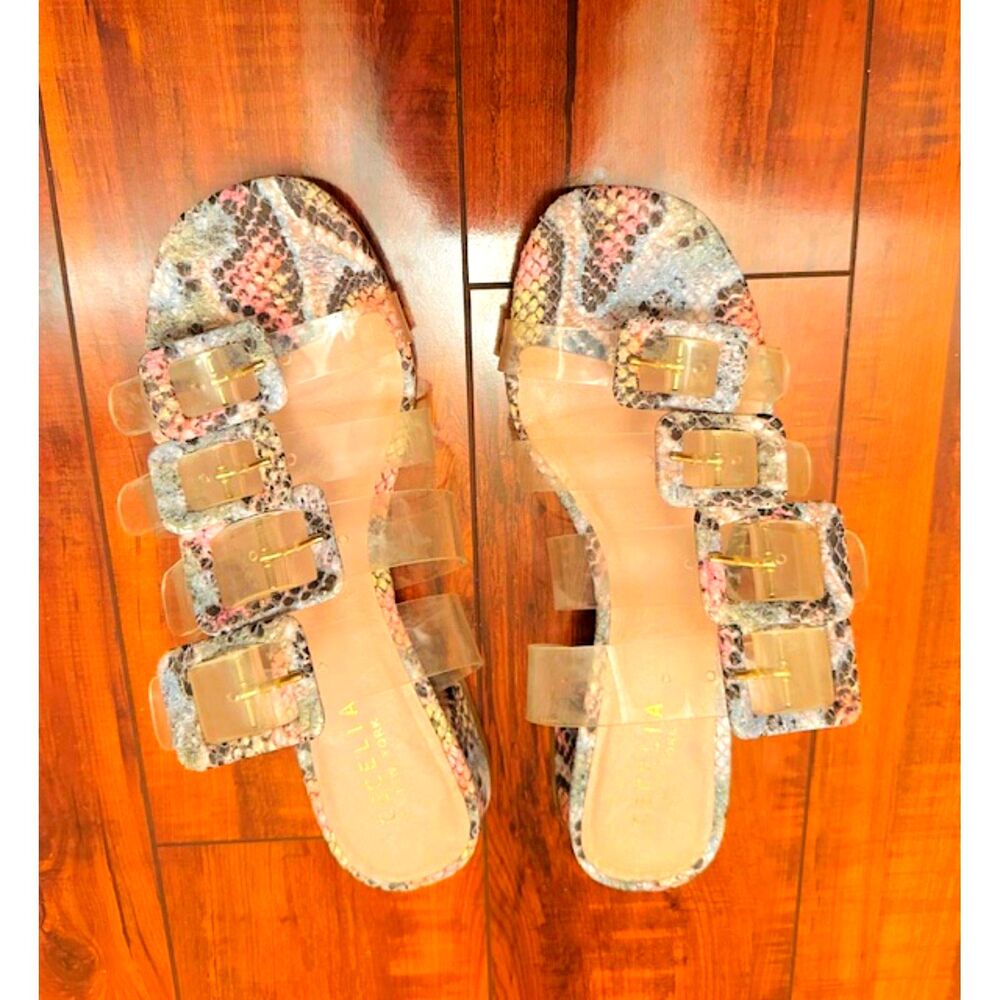 Cecelia NY Ludlow Bended Cage Snake Print Block Patterns Slip on Sandals 6.5